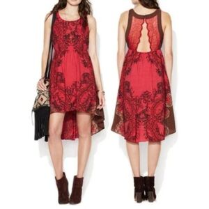FREE PEOPLE Russian Red Floral Dress Hi-lo Design Lace Cutout